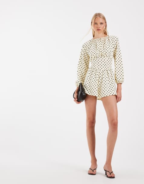ASOS DESIGN mono corto de lunares con cintura ajustada en amarillo limón y marrón - view 1