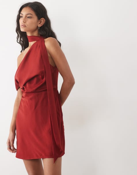 ASOS DESIGN mono corto de satén con hombros caídos y cuello con lazada en burdeos - view 1