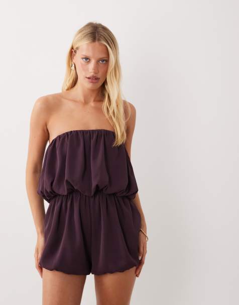 ASOS DESIGN - Mono corto marrón chocolate abullonado de satén - view 1