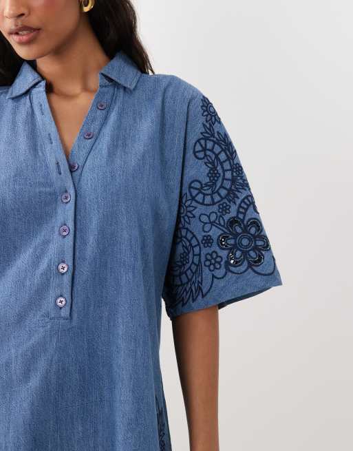 ASOS DESIGN - Mono corto vaquero con lavado medio de tejido suave de croché, 3 de 4