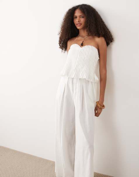 ASOS DESIGN - Mono largo blanco con escote palabra de honor y cuerpo estrecho con jaretas de lino y algodón - view 1