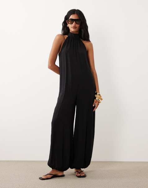 ASOS DESIGN - Mono largo negro con cuello halter y detalle de lazada - view 1
