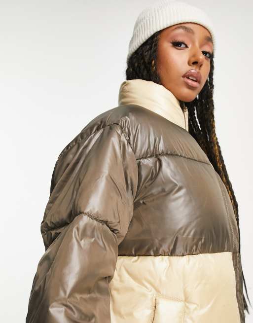 ASOS DESIGN puffer jacket in brown monogram print