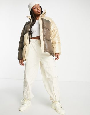 ASOS DESIGN mono panelled puffer jacket in brown and cream