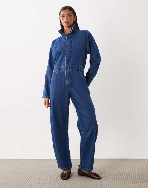 ASOS DESIGN - mono vaquero con cuello alzado en azul medio oscuro - view 1
