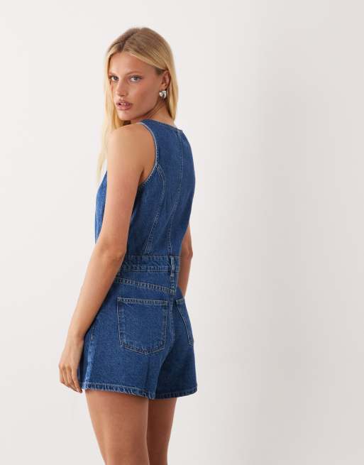 ASOS DESIGN - Mono vaquero corto azul medio con botones delanteros, 2 de 4