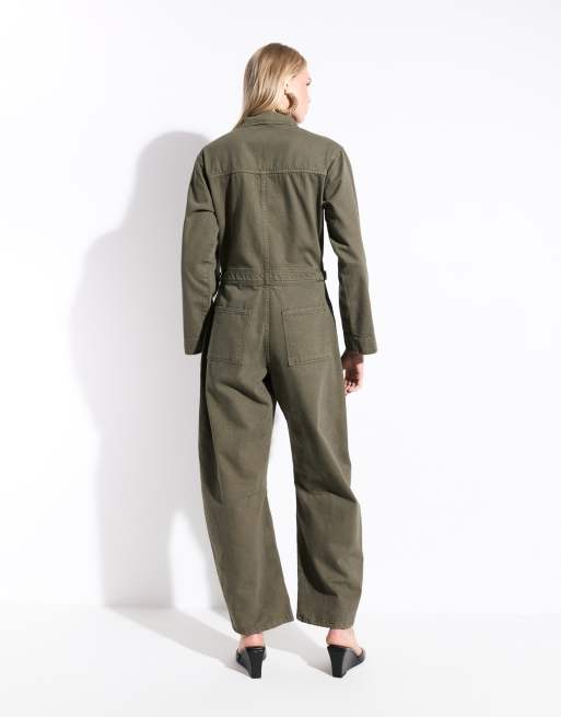 ASOS DESIGN - mono vaquero de pernera acampanada en caqui, 4 de 8