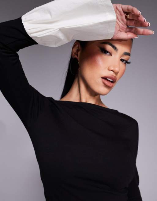 ASOS DESIGN monochrome poplin mix slash neck dress in black