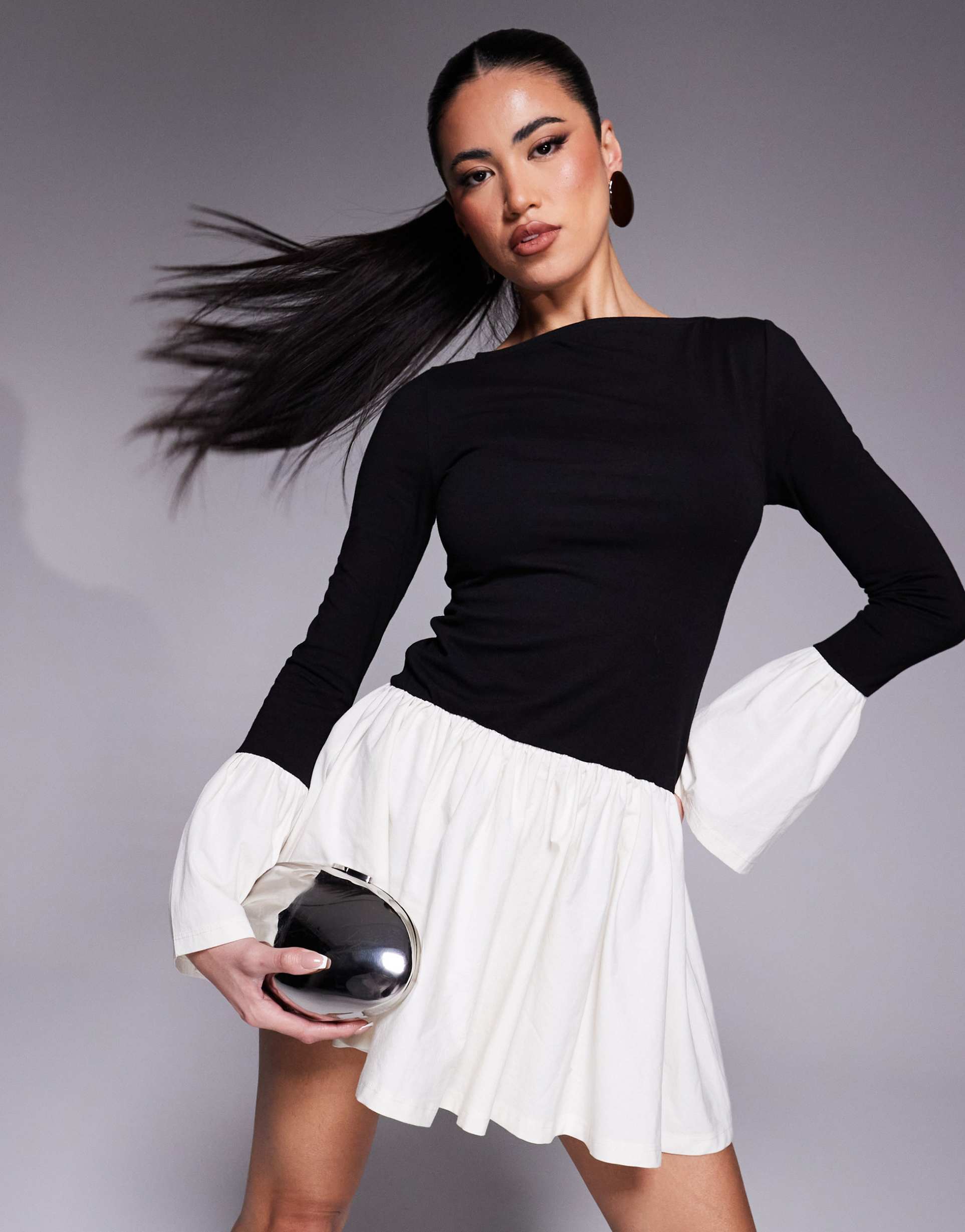 asos design monochrome poplin mix slash neck dress in black