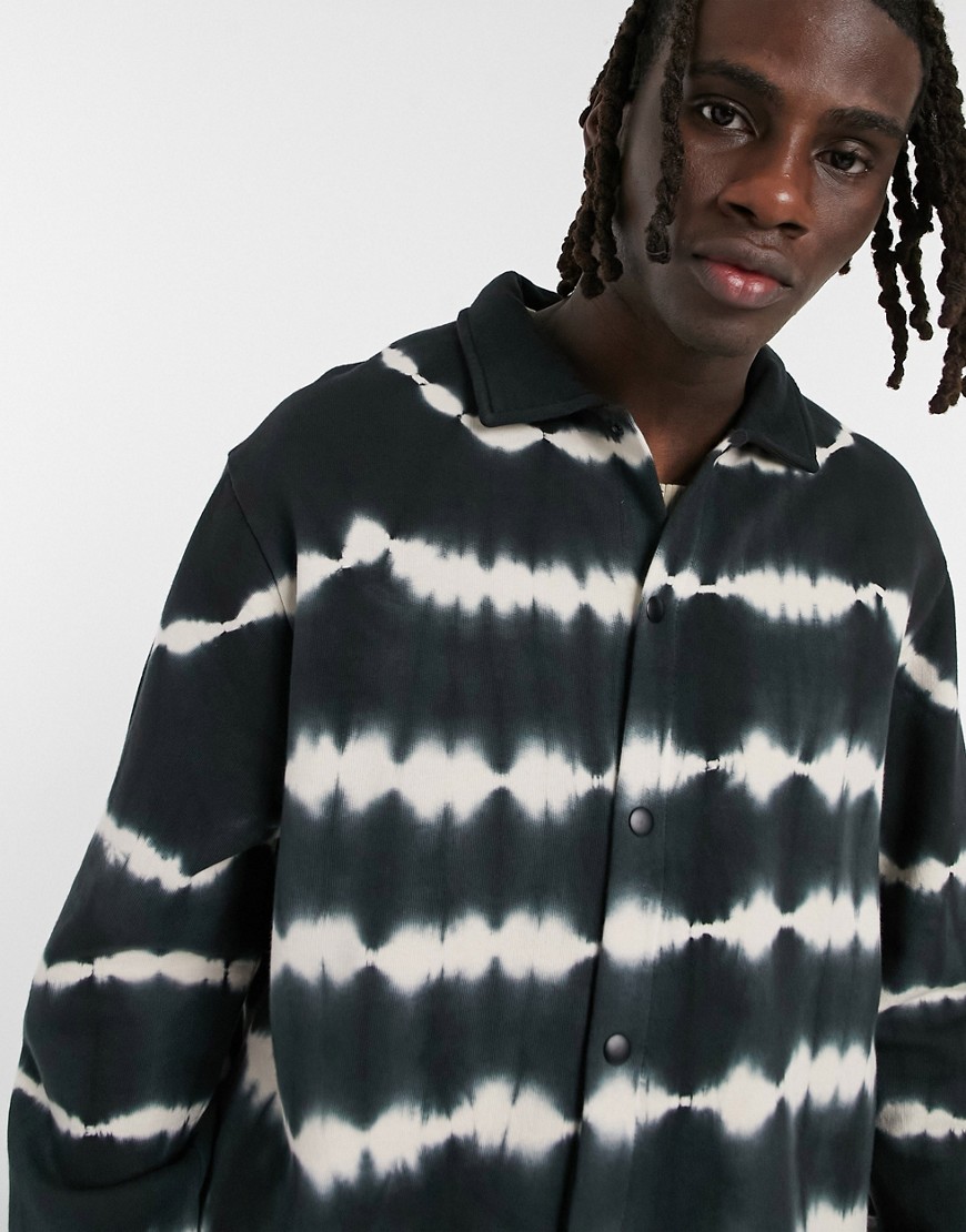 ASOS DESIGN monochrome stripe tie dye wash relaxed jersey harrington jacket in black - part of a set