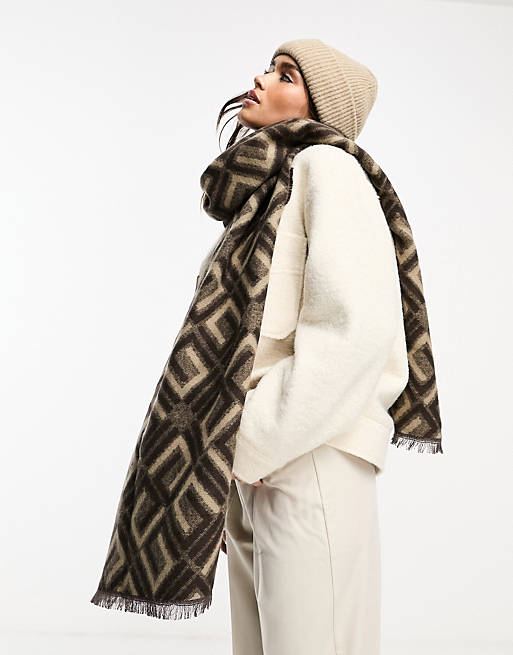 ASOS DESIGN monogram jacquard print blanket scarf in brown