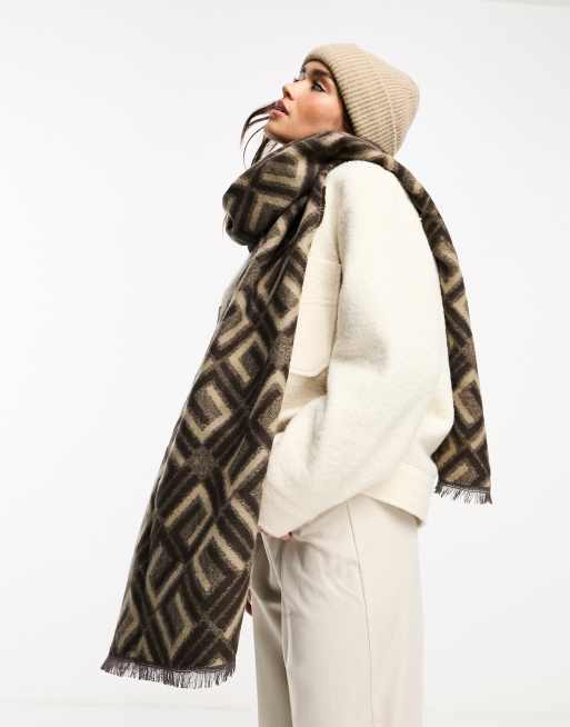 ASOS Design Monogram Jacquard Print Blanket Scarf in Brown