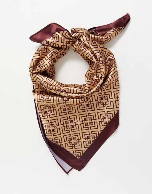 ASOS DESIGN monogram large square polysatin headscarf/neckscarf in brown, 3 of 4