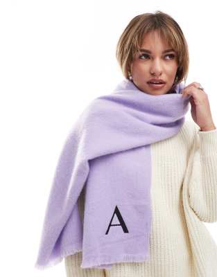 monogram raw edge scarf with A initial in lilac-Purple