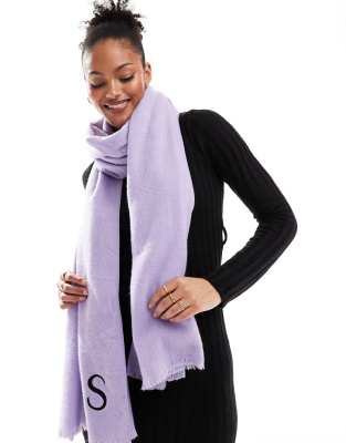 ASOS DESIGN monogram raw edge scarf with S initial in lilac-Purple