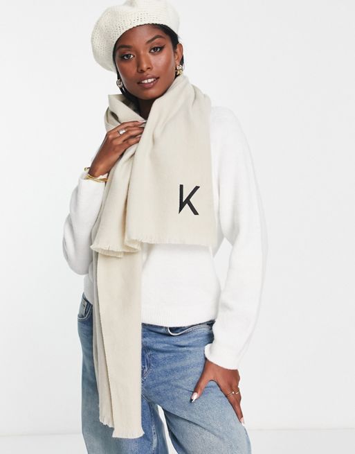 ASOS Design Monogram Scarf with R Initial in Light stone-Neutral