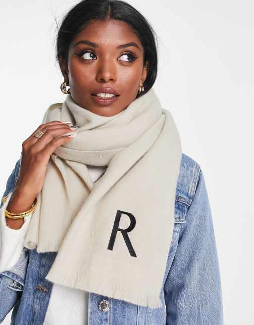 ASOS Design Monogram Scarf with R Initial in Light stone-Neutral