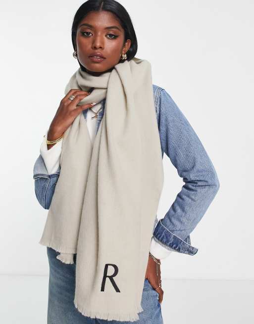 ASOS Design Monogram Scarf with R Initial in Light stone-Neutral