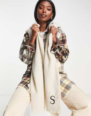 ASOS DESIGN monogram scarf with S initial in light stone-Neutral