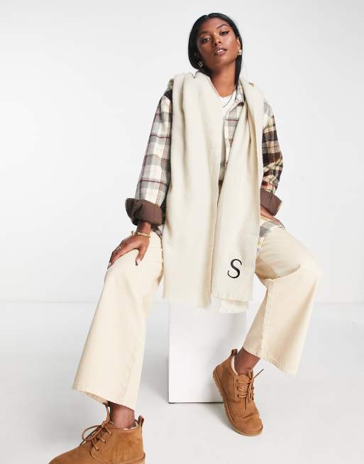 ASOS DESIGN monogram scarf with S initial in light stone, 2 of 4
