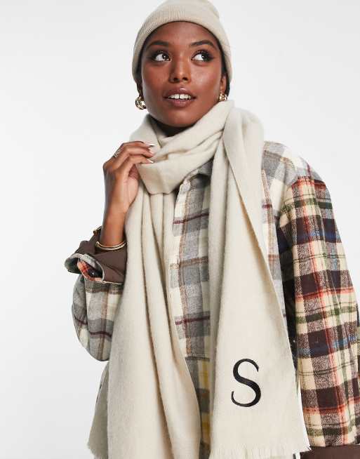 ASOS Design Monogram Scarf with R Initial in Light stone-Neutral