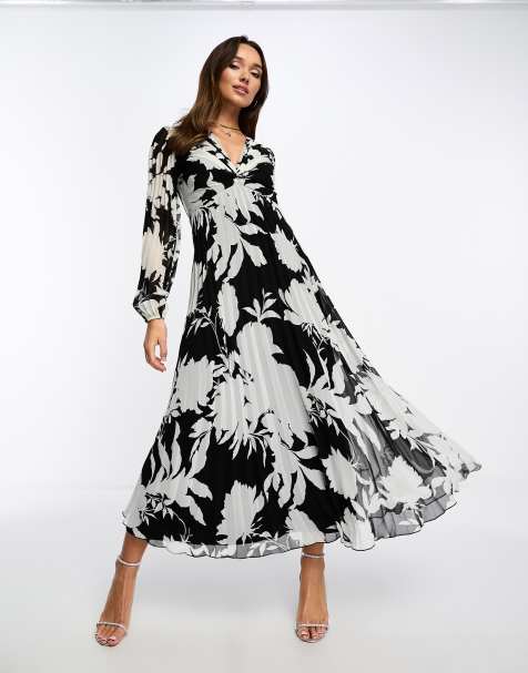 ASOS DESIGN – Monokrom, blommig midiklänning med plisserat liv och djup urringning - view 1