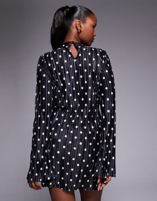 ASOS DESIGN - Monokrom langærmet minikjole i plissé med polkaprikker, 2 af 4