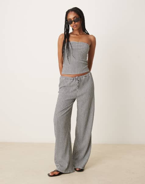 ASOS DESIGN - Monokrome bukser med vide ben, bindebånd foran og gingham-tern - Del af sæt - view 1