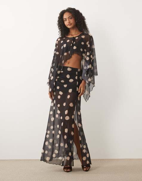 ASOS DESIGN - Monokromt prikket top i mesh med bindebånd foran og kappeærmer - Del af sæt - view 1