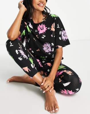 Asos Design Monsters Oversized Tee & Legging Pajama Set In Black