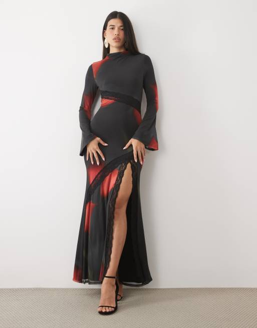 ASOS DESIGN mönstrad maxiklänning i blommig mesh med spetstrim och utsvängda ärmar i svart, 2 av 4