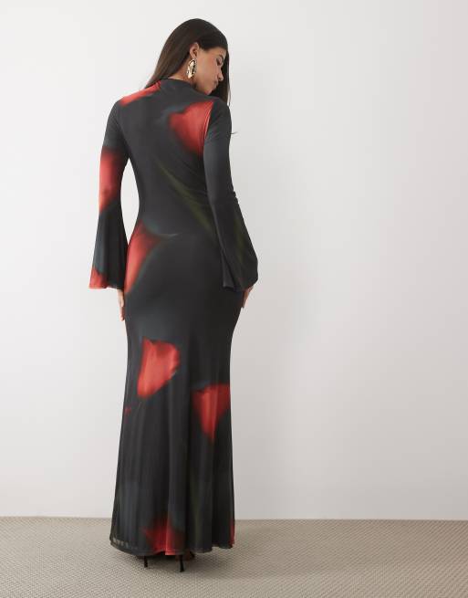 ASOS DESIGN mönstrad maxiklänning i blommig mesh med spetstrim och utsvängda ärmar i svart, 4 av 4