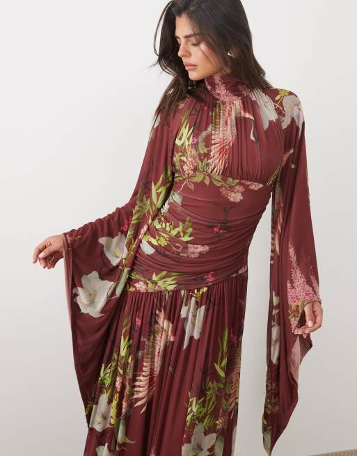 ASOS DESIGN mönstrad meshklänning med hög krage, maxi, med vattenfallsärm i rött blommönster, 3 av 4