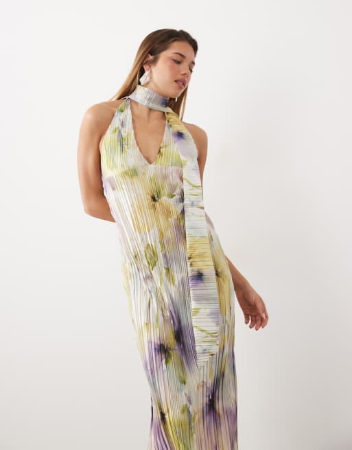 ASOS DESIGN mönstrad plisserad maxiklänning med scarfdetalj i lila blommigt, 4 av 4