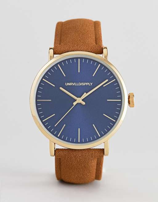 ASOS DESIGN - Montre à bracelet en imitation daim fauve et cadran contrastant bleu marine