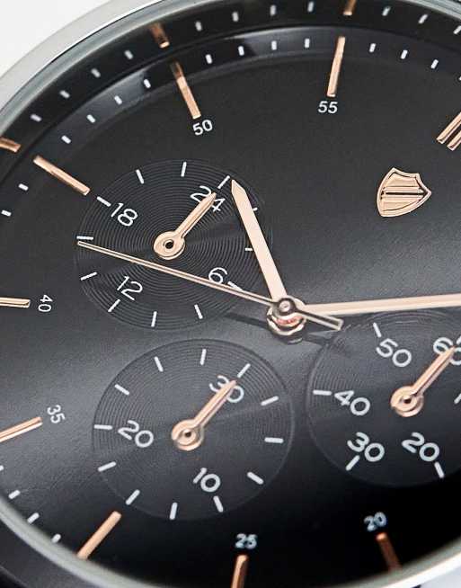 ASOS DESIGN - Montre classique à cadran noir avec bracelet en cuir et détails or rose, 2 de 4