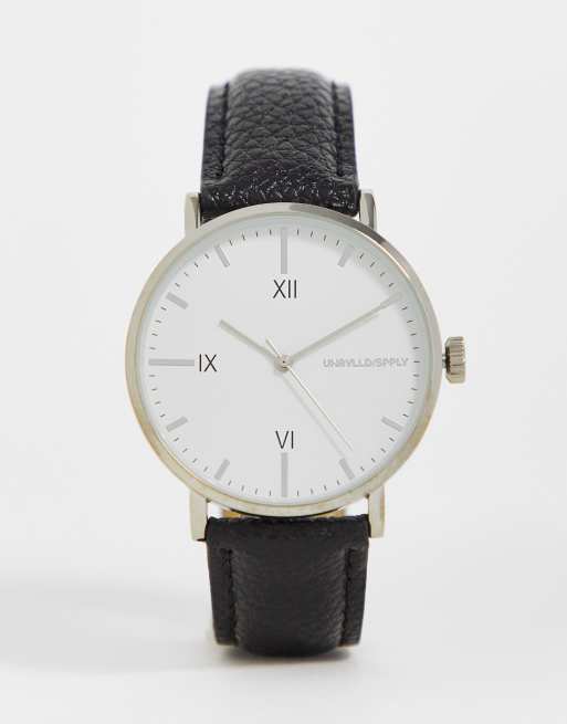 ASOS DESIGN Montre classique avec cadran blanc et bracelet en cuir Noir