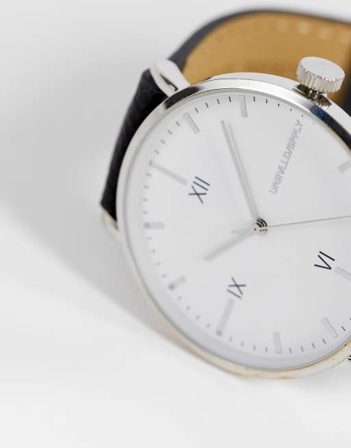 ASOS DESIGN Montre classique avec cadran blanc et bracelet en cuir Noir