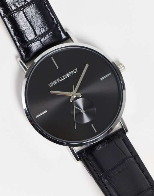 ASOS DESIGN - Montre classique avec cadran noir et bracelet en imitation cuir - Noir, 2 de 4