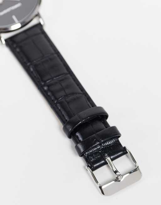 ASOS DESIGN - Montre classique avec cadran noir et bracelet en imitation cuir - Noir, 3 de 4