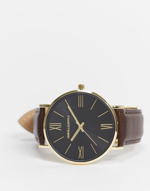 ASOS DESIGN Montre classique avec d tails dor s et bracelet en cuir Marron