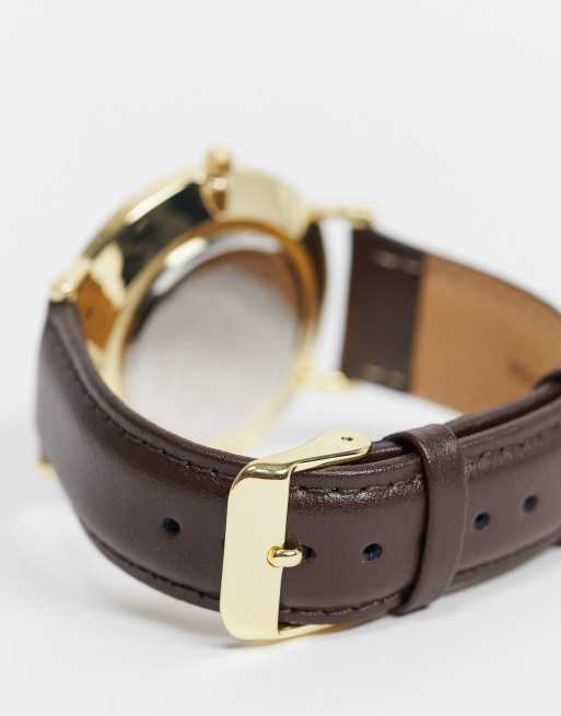 ASOS DESIGN - Montre classique avec détails dorés et bracelet en cuir - Marron, 3 de 4