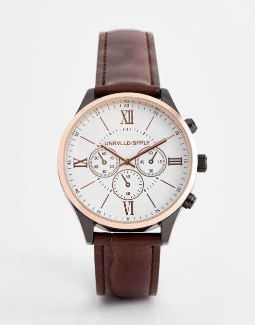 ASOS DESIGN Montre classique avec finition en m tal m lang et bracelet en cuir Marron