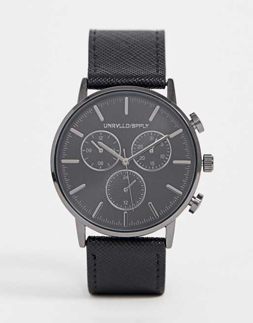 ASOS DESIGN Montre classique avec sous cadrans bronze et bracelet saffiano Noir