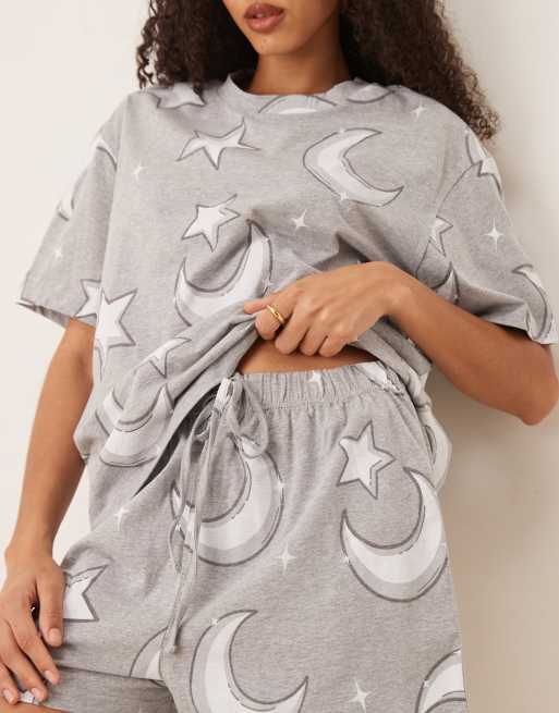 ASOS DESIGN moon & stars oversized tee and short pyjama set in grey, 3 of 4