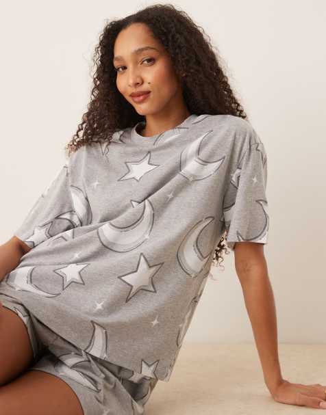 ASOS DESIGN moon & stars oversized tee and shorts pajama set in gray - view 1
