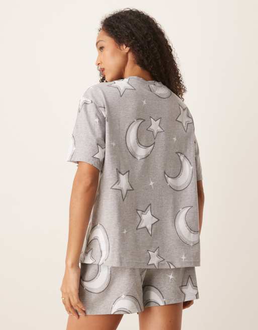 ASOS DESIGN moon & stars oversized tee and shorts pajama set in gray