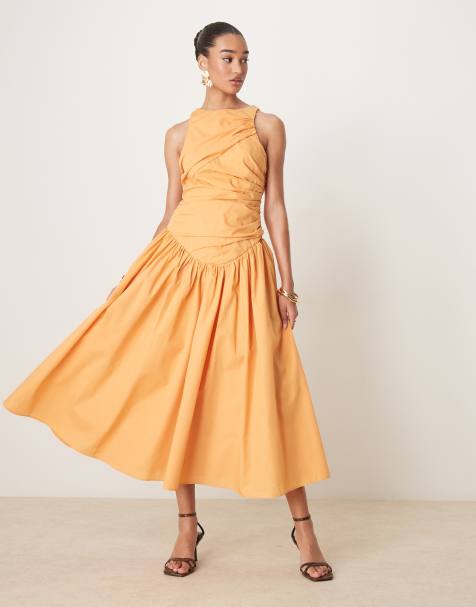 ASOS DESIGN structured ruched full skirt maxi dress in apricot