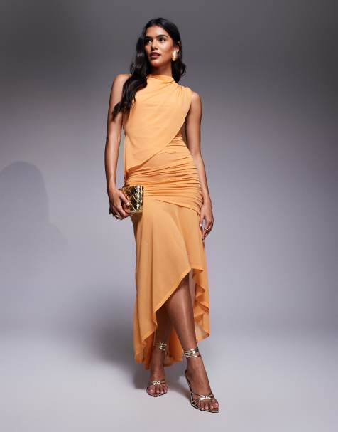 ASOS DESIGN ruched maxi dress with high low hem in apricot