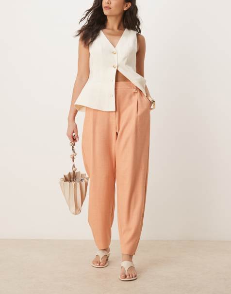 ASOS DESIGN tailored textured barrel trousers with tab detail in apricot